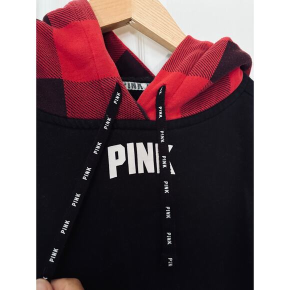 VICTORIA'S SECRET PINK CAMPUS SHERPA LINED HOODIE BLACK/PLAID Large - Picture 2 of 3